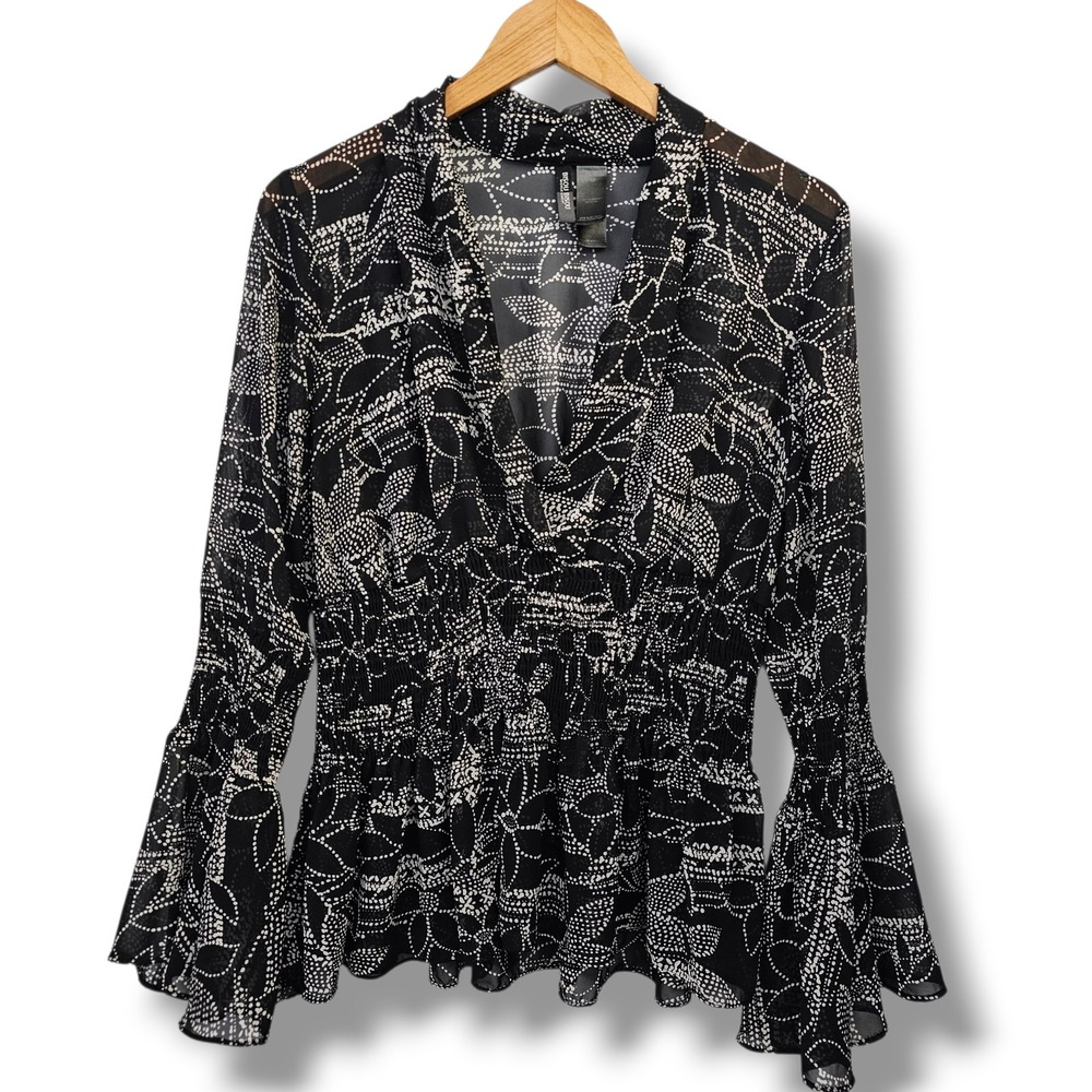 Y2K Bisou Bisou Bell Sleeve Top Black White Floral Smocked Whimsigoth Dark Fairy